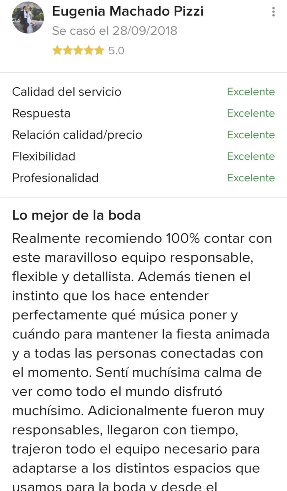 Esta imagen describe un comentario muy interesante sobre los servicios, el don de gente, la música y todos los nuevos clientes que han elegido a la agrupación musical odysea (Orquesta) luego de haberlos escuchado cantar y bailar con ellos durante toda la noche el día de la boda de Eugenia en España. REALMENTE SE LUCIERON LOS CHICOS CON LA MUSICA EL DIA DE ESTE EVENTO PORQUE EL COMENTARIO TAN INTERESANTE QUE HA DEJADO ESTA NOVIA FELIZ, HA SIDO MUY EXPRESIVO E INTERESANTE. LA MÚSICA, LA ORQUESTA Y EL GRUPO MUSICAL ODYSEA HAN DADO MUCHO DE QUE HABLAR
