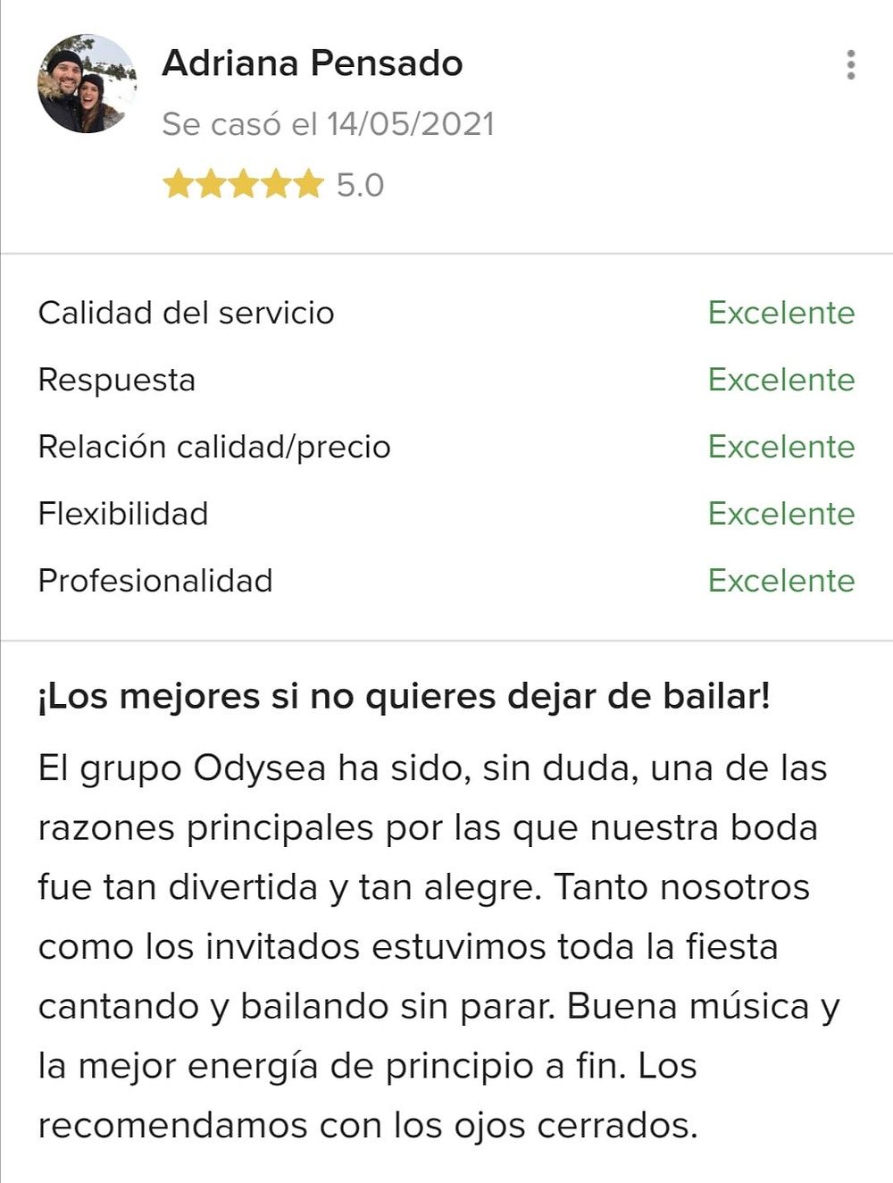 Descripción de un comentario u opinión sobre la música del la agrupación musical odysea u orquesta el día de su boda en Madrid - España