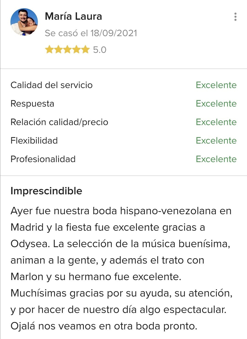 Comentario sobre clienta muy satisfecha por el trabajo realizado por la agrupación musical odysea (Orquesta) en su boda estilo venezolana en Madrid - España