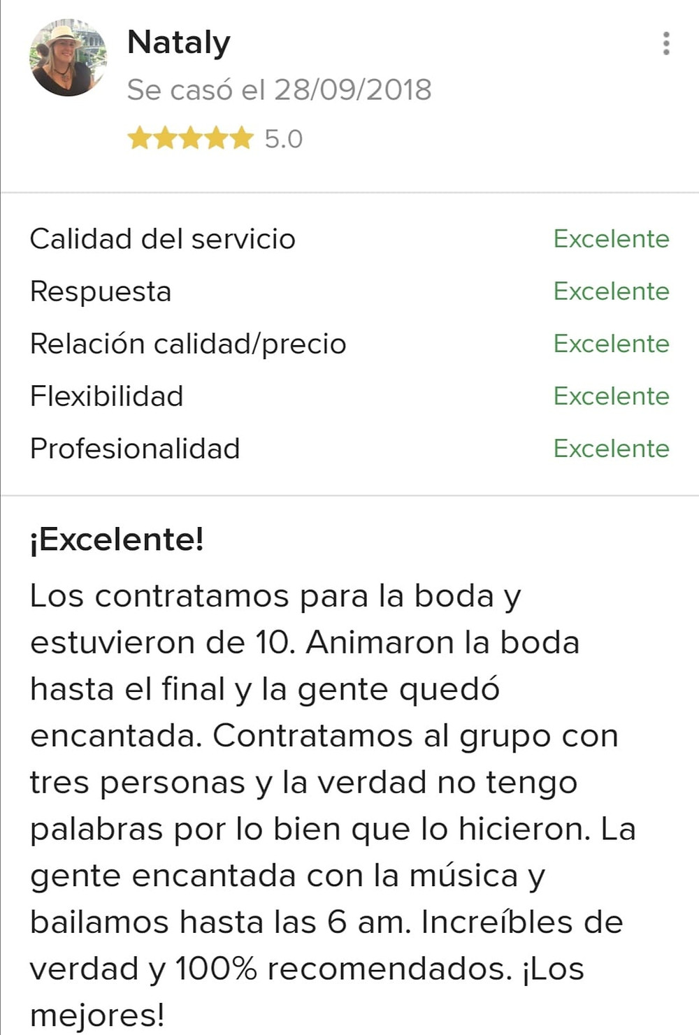 Se aprecia el siguiente comentario: Los contratamos para la boda y estuvieron de 10. Animaron la boda hasta el final y la gente quedó encantada. Contratamos al grupo con tres personas y la verdad no tengo palabras por lo bien que lo hicieron. La gente encantada con la música y bailamos hasta las 6 am. Increíbles de verdad y 100% recomendados. ¡Los mejores!