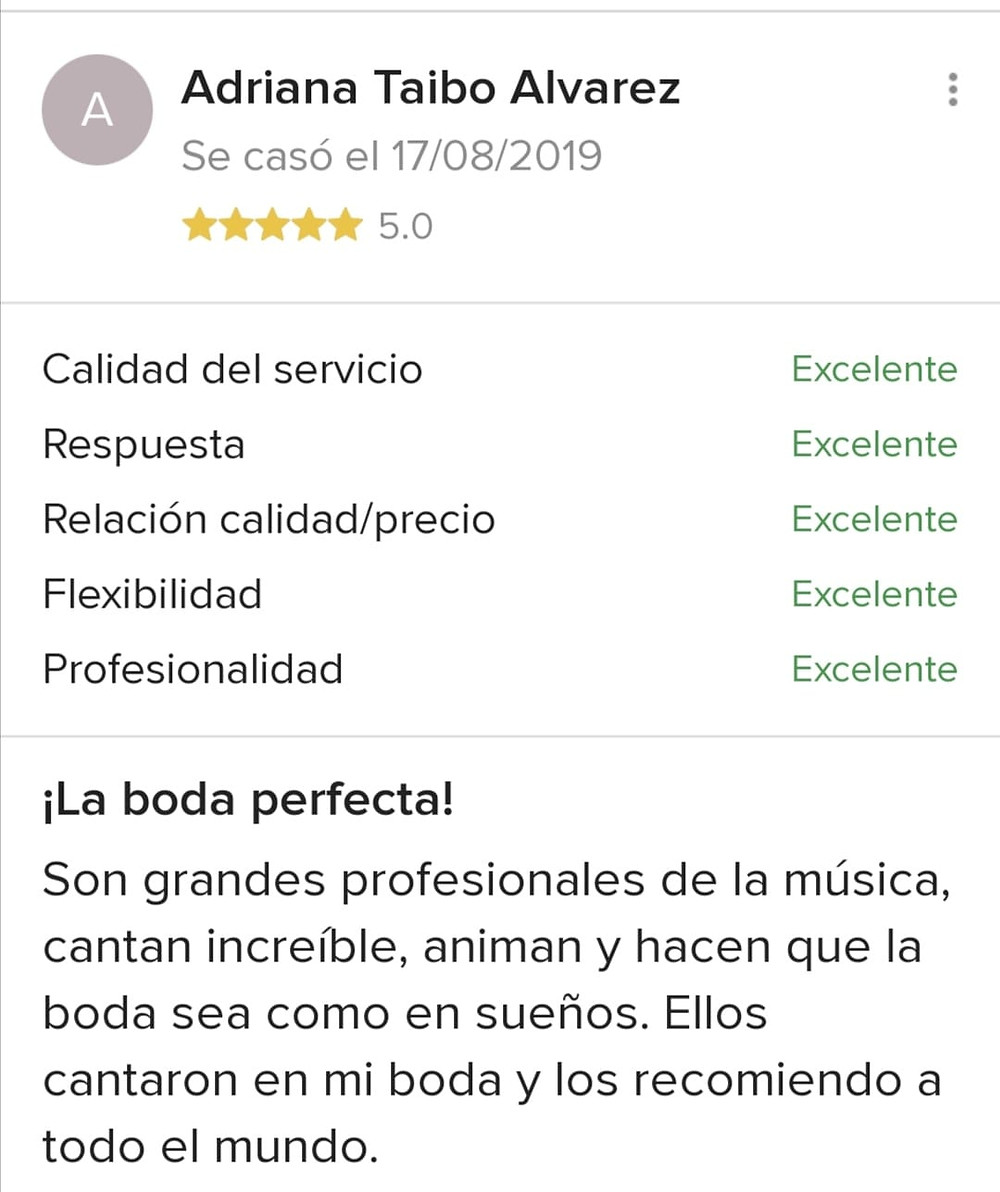 En esta imagen se puede ver el comentario de una novia hacia el grupo musical odysea ya que el día de su boda hicieron un trabajo increíble, animando, cantando, tocando instrumentos que hicieron bailar a todos hasta las 6 am