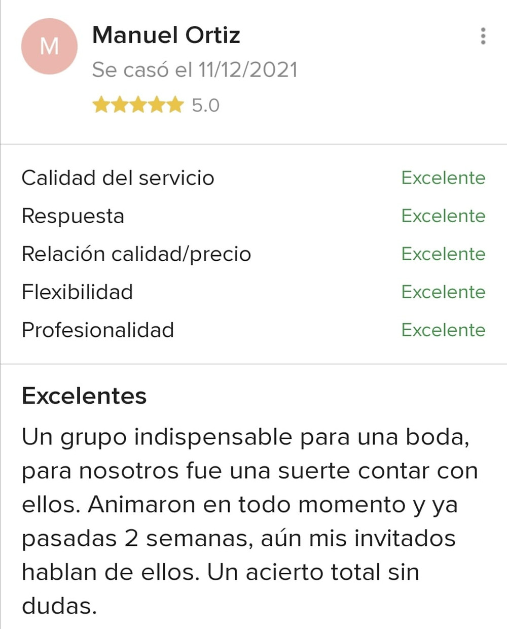 Opinión o comentario de cliente satisfecho por la música el día de su boda en Madrid - España