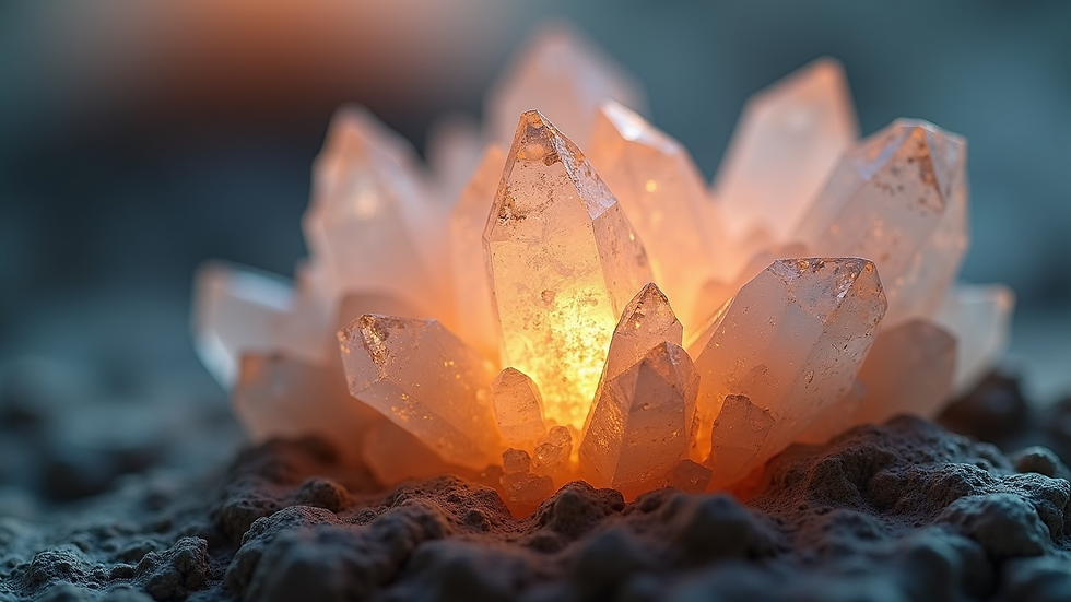 Close-up view of a crystal cluster glowing softly in natural light