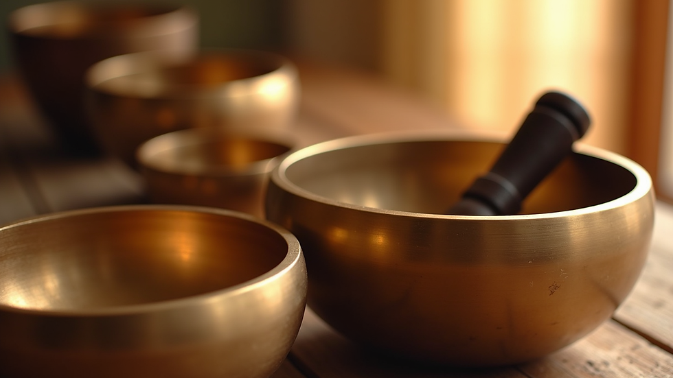 Close-up view of crystal singing bowls used in sound healing sessions