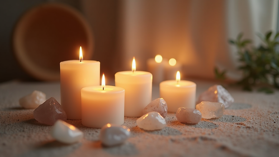 Eye-level view of a serene meditation space with candles and crystals
