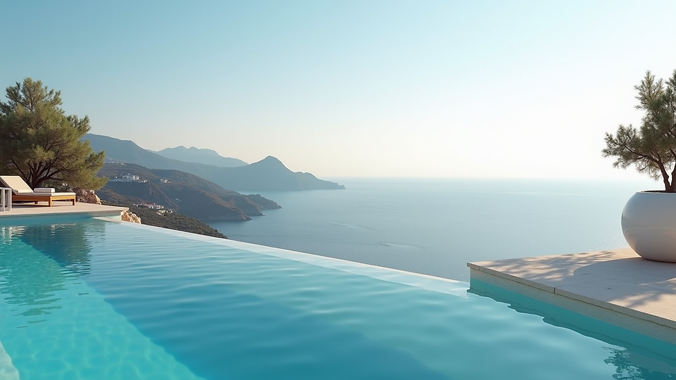 Eye-level view of luxury villa with private pool overlooking the Aegean Sea