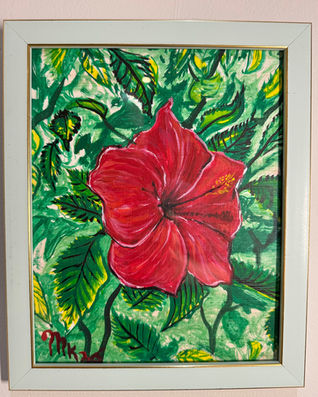 Original gouache painting of red hibiscus flower on birch panel by Michael Kramer.