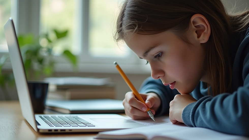Close-up view of a student studying with a laptop and books