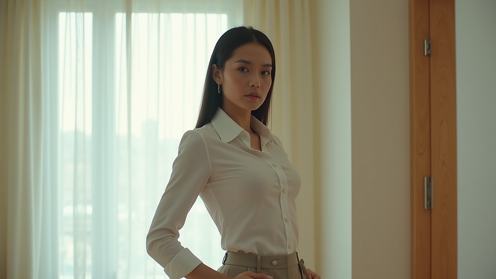 Eye-level view of a woman standing confidently in a bright room