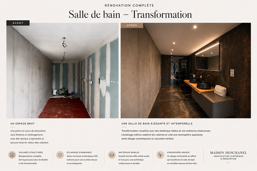 Rénovation complète d’une villa avec aménagement intérieur et extérieur haut de gamme : façade contemporaine, jardin paysager méditerranéen, piscine intégrée et pièce de vie ouverte lumineuse. Un projet alliant élégance, confort et matériaux nobles