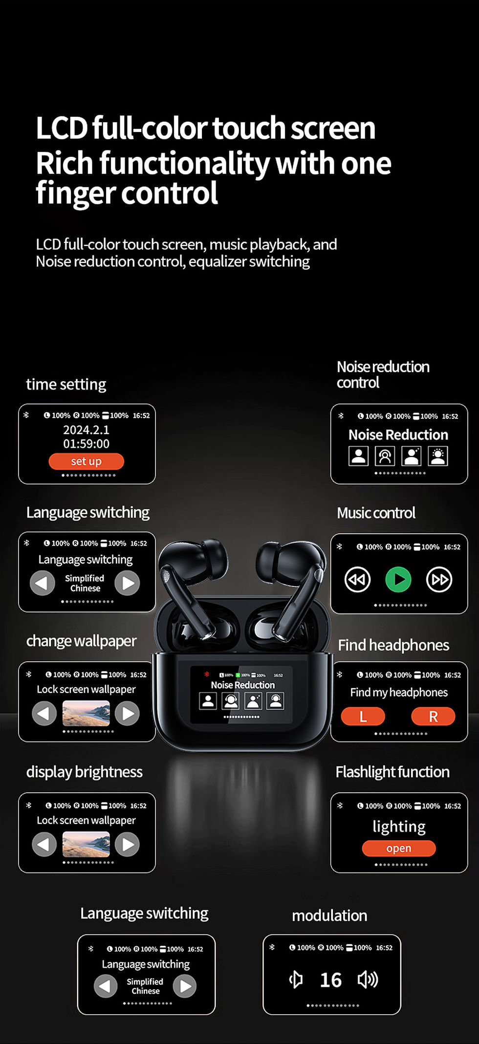 Thumbnail: Pii Tech TurboSound Bluetooth Earbuds with full color 1.47" touchscreen, ANC+ENC