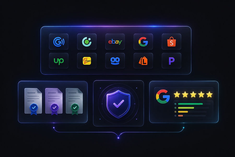 Trust signals block with client logos, certifications and Google review ratings