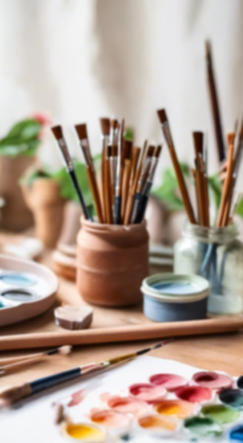 Watercolor supplies in a beautiful home studio on a rustic table