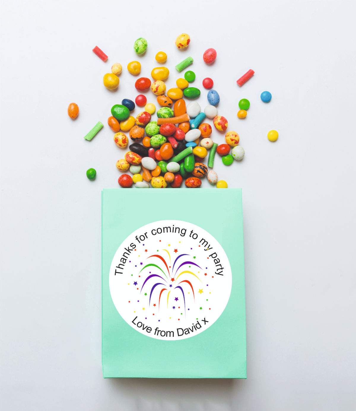 Personalised Firework Round Gift Bag, Sticker, Label Seal Sweet Cone in 4 Sizes