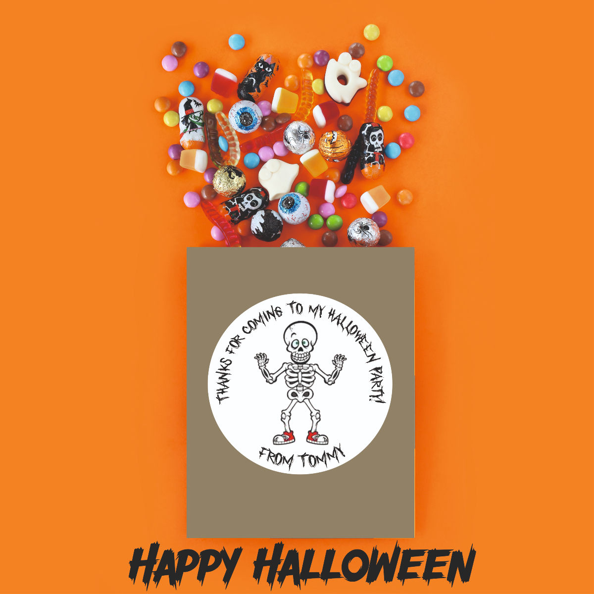 Personalised Skeleton Halloween Round Sticker Labels, sweet cone, thank you stickers