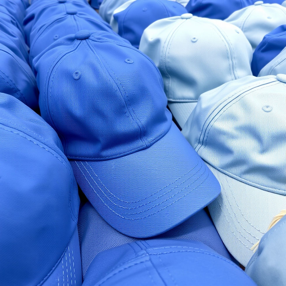 selection of plain baseball caps in blue colours in a row.jpg