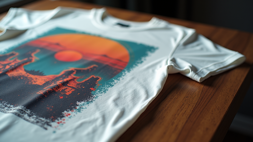Close-up view of a folded custom printed t-shirt with a vibrant design