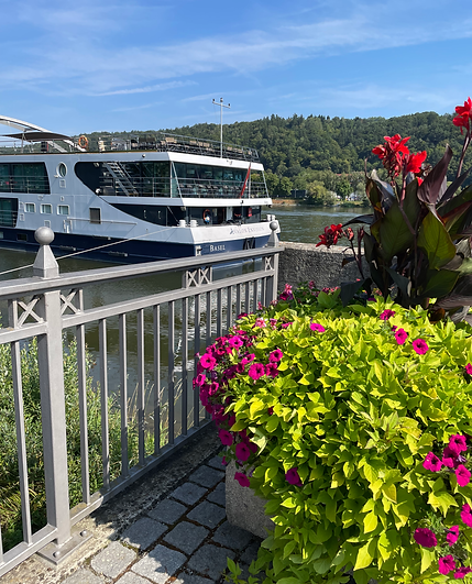 Luxury river cruise docked alond the Danube river