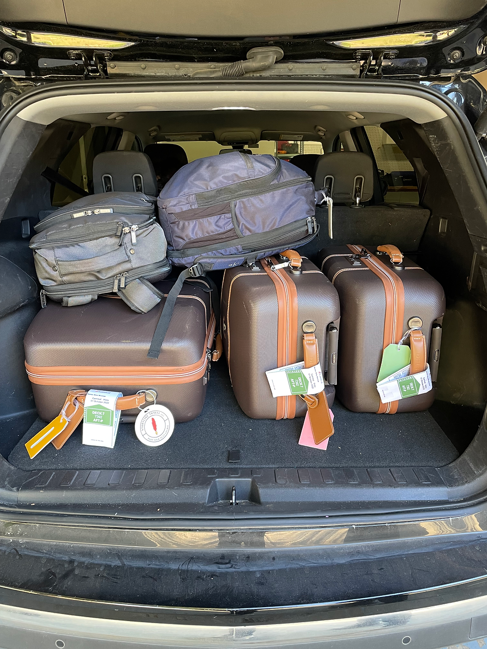 A car loaded with luggage that is packed and ready for a river cruise.