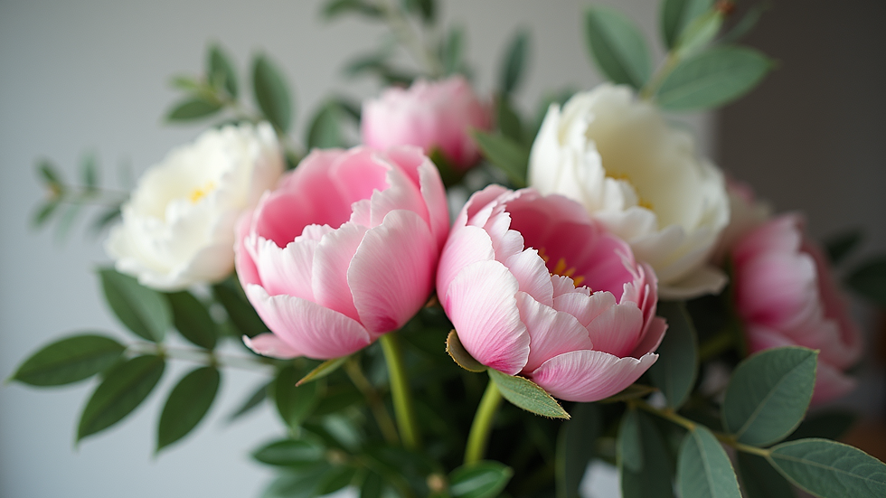 Eye-level view of a bouquet featuring peonies, gardenias, and eucalyptus leaves