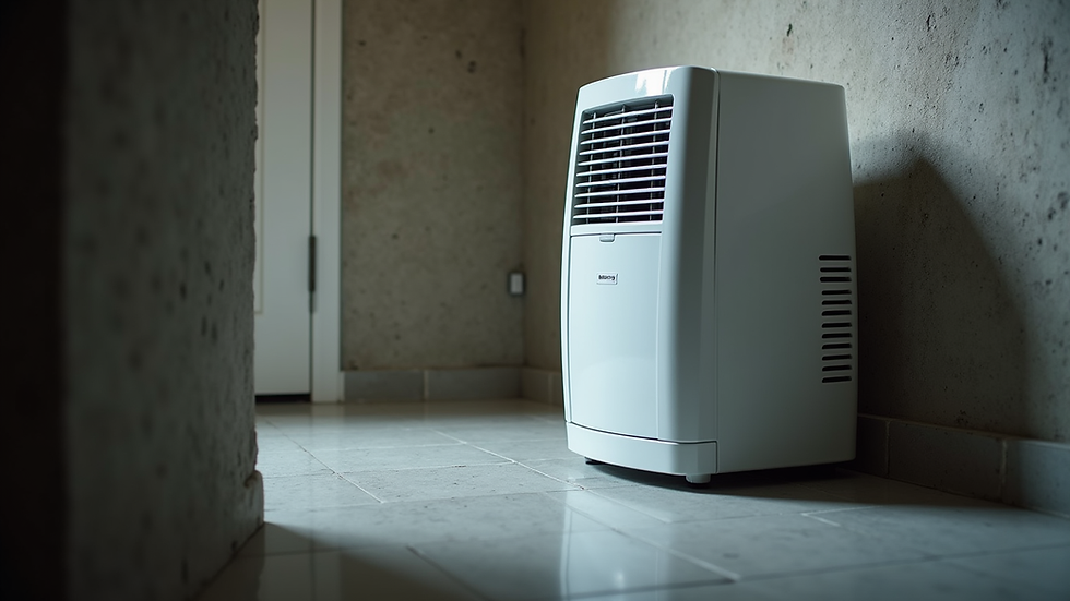 Close-up view of a dehumidifier in a basement corner
