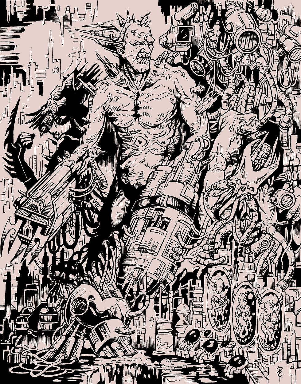 Futuristic creature with mechanical arms in a dystopian cityscape. Tubes and machinery surround it. Cloned beings in tanks. Monochrome.