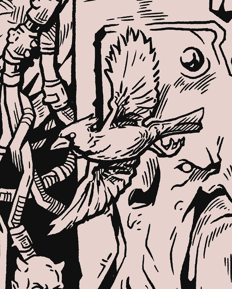 Intricate black ink drawing of a bird flying amidst abstract shapes and mechanical patterns on a pink background.