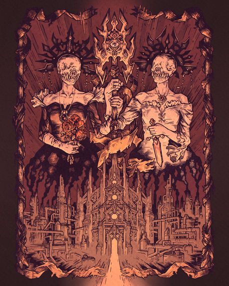 A pair of skull-faced woman wearing dark crowns rise above an industrial cathedral. Ominous mood, sepia tones.