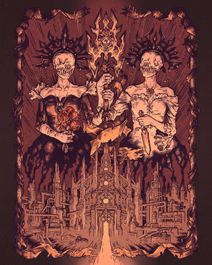 Gothic horror art of two skeletal women in dresses rising from smoke of industrial factories. Sepia tones, the mood is ominous.