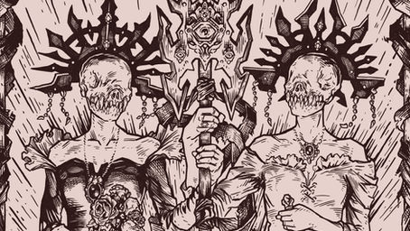 Illustration of two women with skeletal faces wearing gowns and dark crowns holding an ornate staff. 