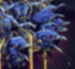 Blue crow heads emerge from dense machinery and flowing yellow liquid. They have glowing red eyes set against a dark, abstract background.
