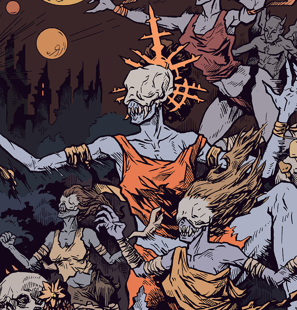 Pale skeletal women in colorful tattered dresses float against a dark, eerie cityscape with orange moons, creating a haunting atmosphere.