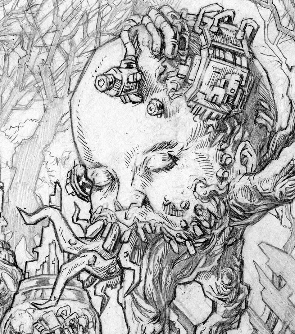 Surreal sketch of a mechanical baby face with closed eyes and roots emerging from mouth. Background shows chaotic structures and trees. Monochrome, intricate details.