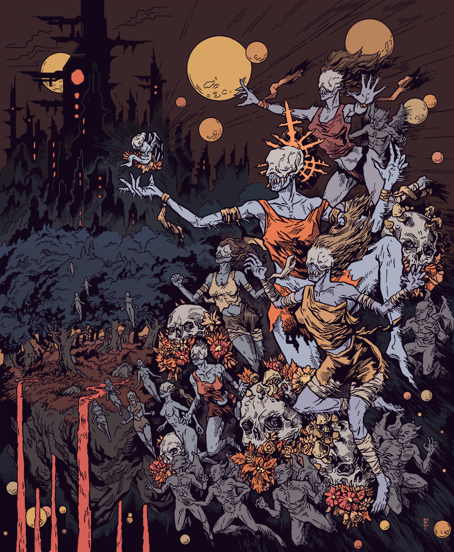 Ghoulish figures with tattered clothes float around skulls and flowers under large, glowing moons. A dark, eerie castle looms in the background.
