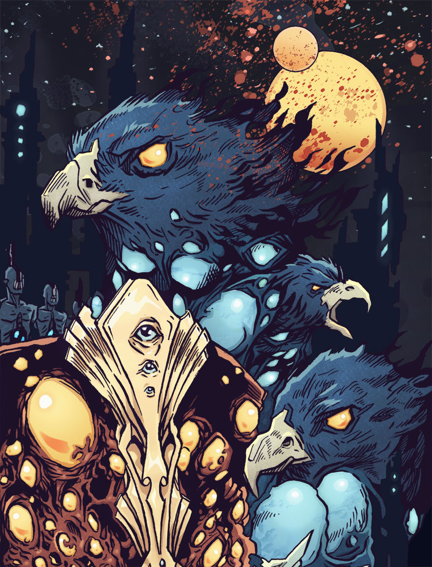 Illustration of hawks guarding egg-like objects in outer space