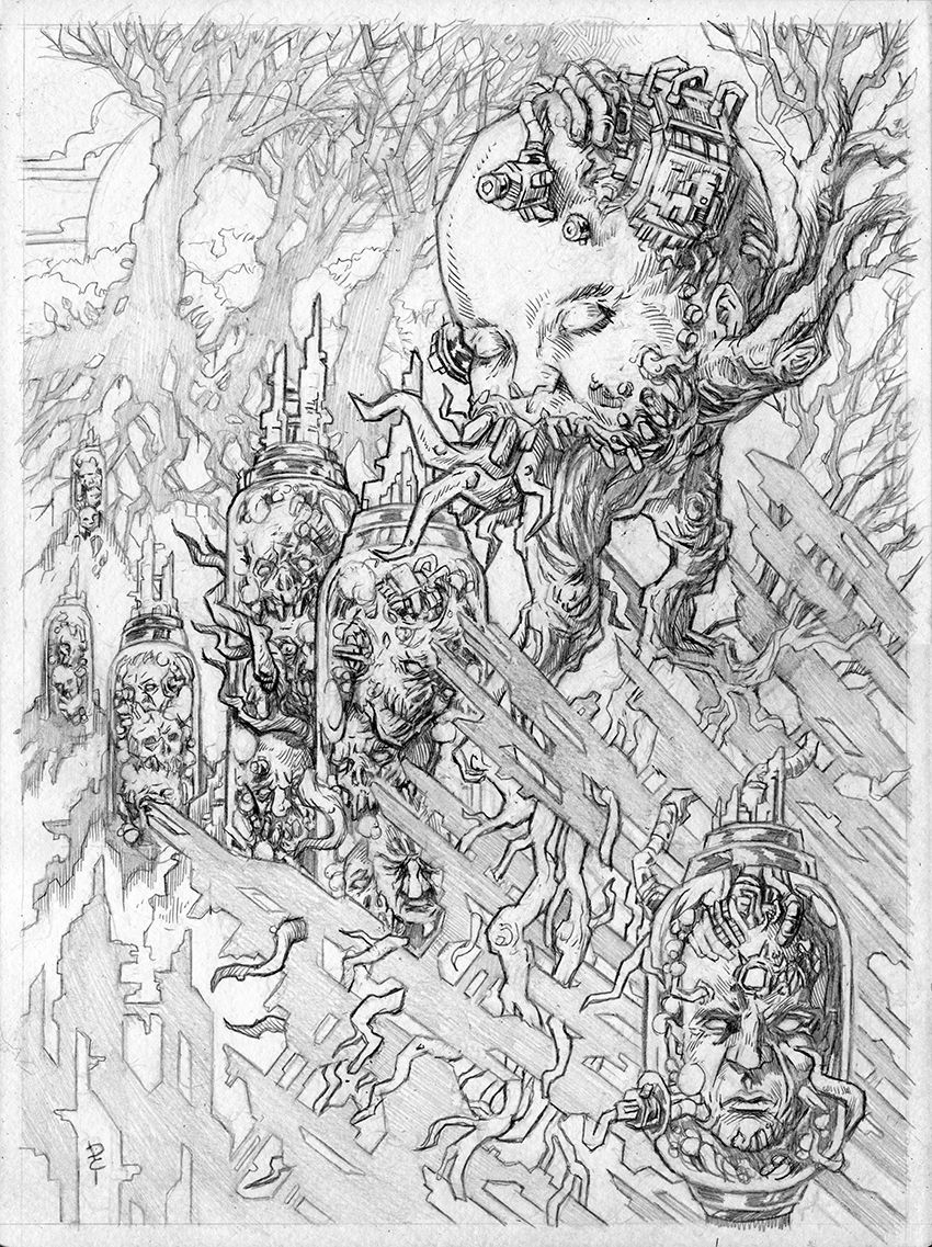Surreal scene of giant heads with machinery, tree roots intertwine around them. Faces trapped in transparent canisters. Eerie, organic setting.