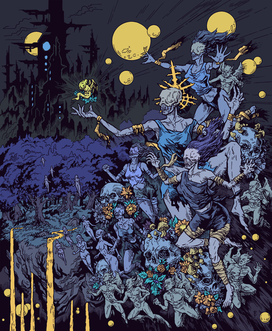 Surreal scene of nightmarish creatures and skulls with flowers, set against a dark, moonlit landscape with a gothic castle in the background.
