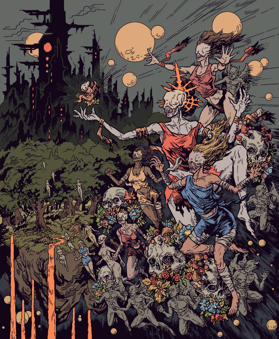 Surreal scene of ghoulish figures with outstretched arms, vibrant flowers, and glowing orbs. Dark fortress and forest in background, eerie mood.