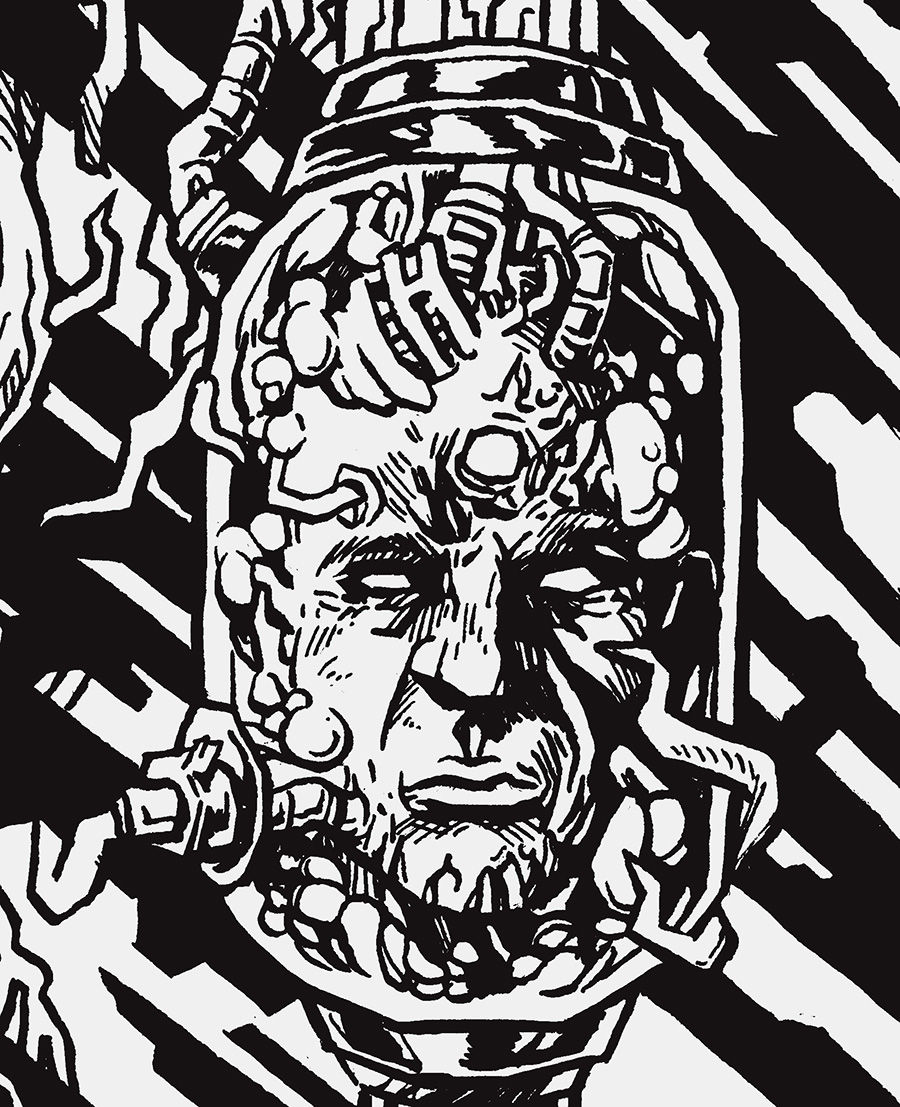 A stylized drawing of a face in a jar with tubes and wires. The background features bold black and white diagonal lines, creating a sci-fi feel.