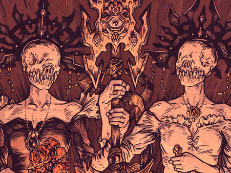 Two skull-faced women with ominous black crowns hold a golden scepter. Sepia tones.