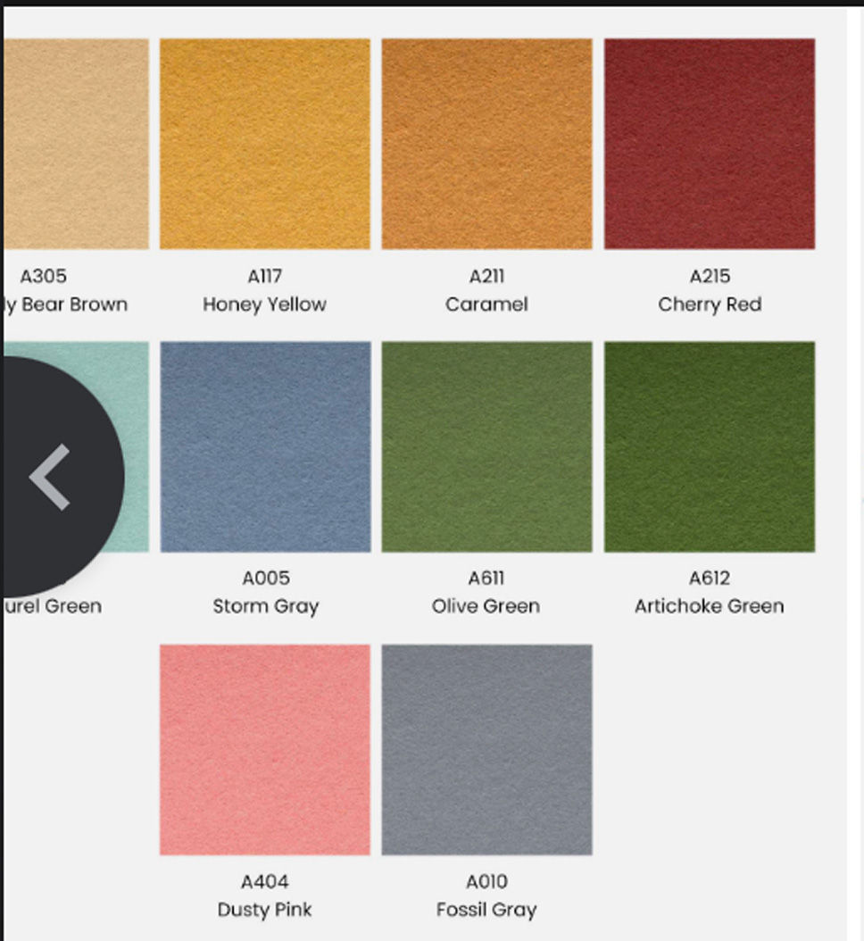 Color swatches with names: Teddy Bear Brown, Honey Yellow, Caramel, Cherry Red, Storm Gray, Olive Green, Artichoke Green, Dusty Pink, Fossil Gray.