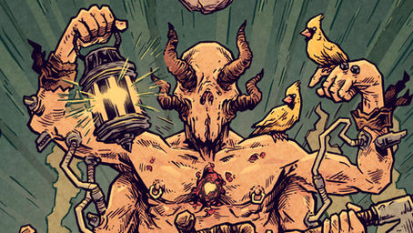 fantasy illustration of multi-armed, horned figure holding a pair of golden cardinals and a glowing lantern