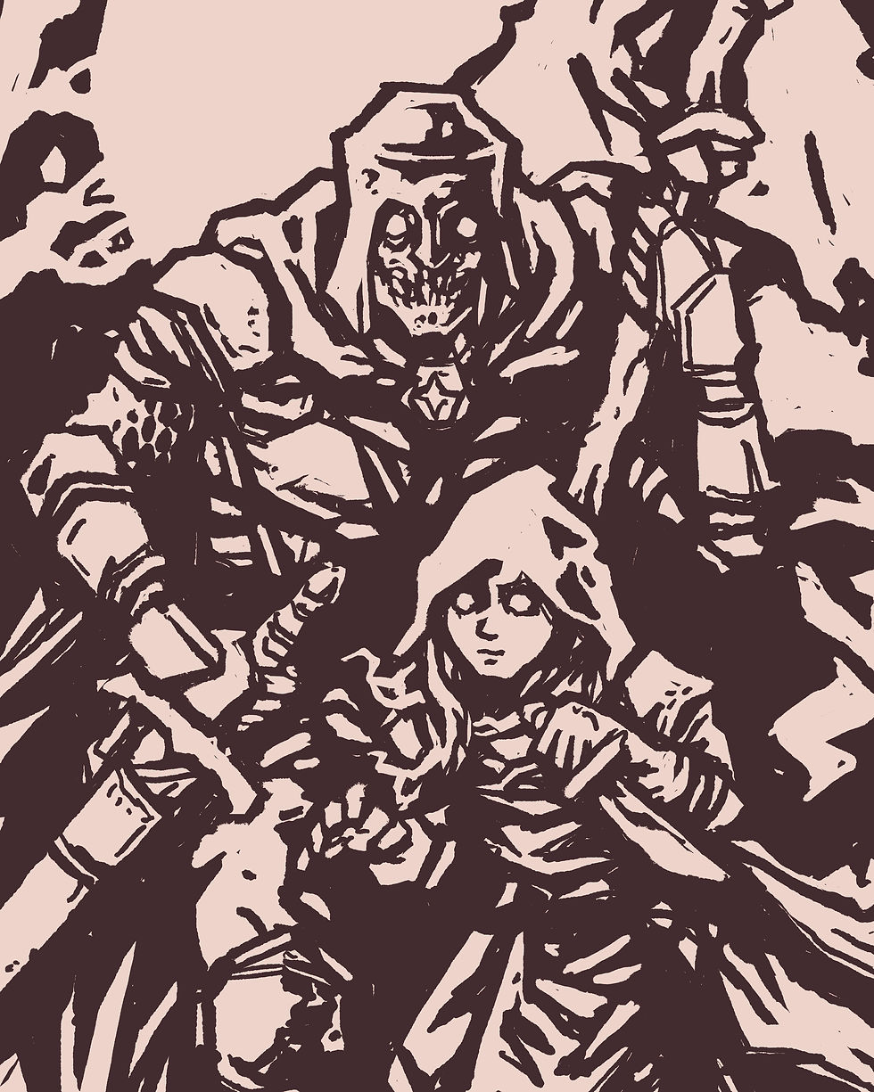 Hooded figures stand in a dynamic pose, one with a skeletal face, in a stylized, dark line artwork. The scene is intense and mysterious.