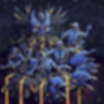 Zombie-like figures with glowing eyes and gas masks surrounded by mechanical elements. Dark, eerie landscape with stars and silhouettes of structures.