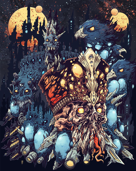 large skull with glowing yellow eyes and pharaoh's headdress surrounded by blue pods and eagle heads