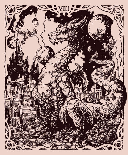 Dark illustration of a wounded dragon standing upright surrounded by flying cardinals. Skulls and severed heads cover the ground, a dark castle and smoke rises in the back. Ominous atmosphere.