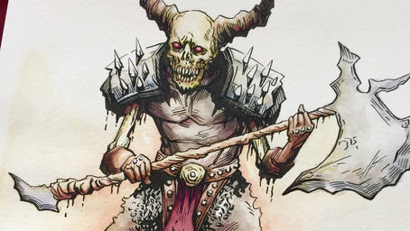 watercolor illustration of undead warrior wearing spiked armor and carrying a large battleaxe