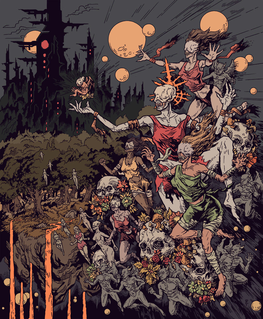 Abstract scene with skeletal figures and spirits in tattered clothing, surrounded by skulls and flowers. Dark fortress in background with orange glowing planets.