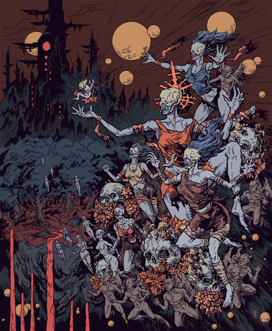 Monstrous figures with skull faces and vibrant hair hold a baby against a dark, eerie landscape with a foreboding tower and multiple moons.