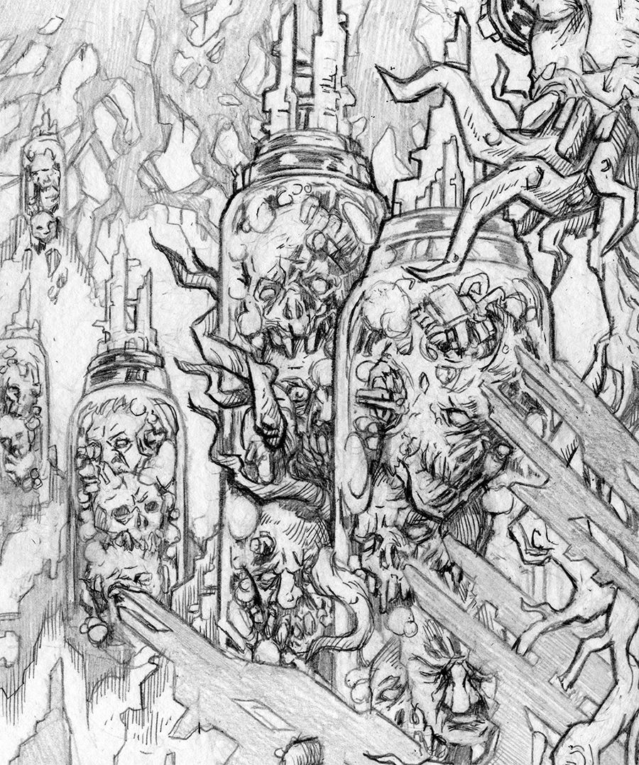 Pencil sketch of grotesque faces trapped in jars on a chaotic, abstract background. Organic tentacles and jagged lines add a horror vibe.